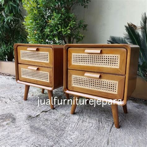 Jual Meja Nakas Laci Rotan Minimalis Kayu Jati Bedside Table Laci