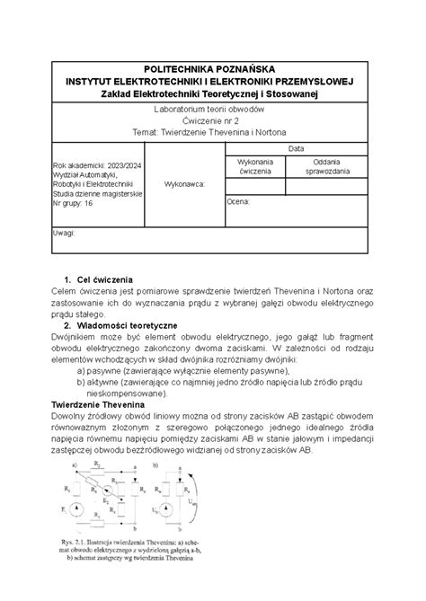 Twierdzenie Thevenina i Nortona sprawozdanie POLITECHNIKA POZNAŃSKA