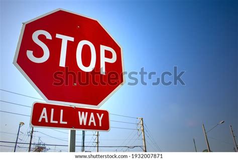 Stop All Way Sign Red Blue Stock Photo 1932007871 | Shutterstock