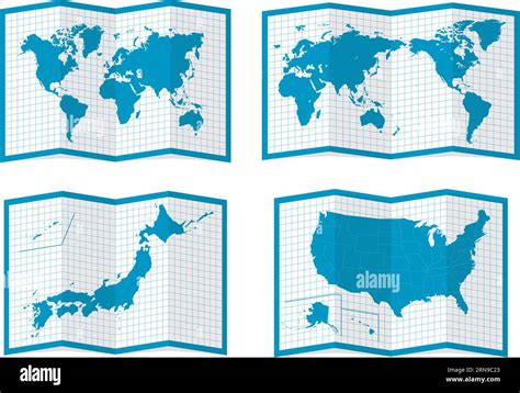 Vector Illustration Set Of Four Fold Maps World Map Japan Usa Stock