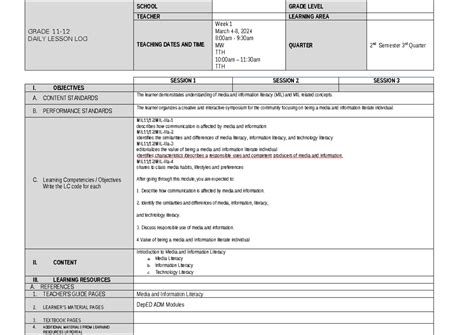 Daily Lesson Log Grade 11 Daily Lesson Log School Grade Level Teacher Learning Area Teaching