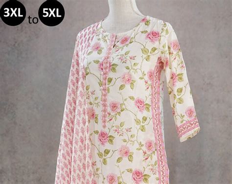 Plus Size Pure Cotton White Pink Floral Kurti Pants Dupatta Summer Indian Ethnic Wear Women