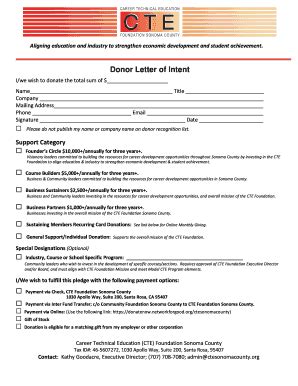 Fillable Online Ctesonomacounty Donor Letter Of Intent Career