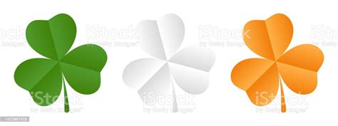 Set Of Shamrocks In Irish Flag Colors Green White And Orange Clovers