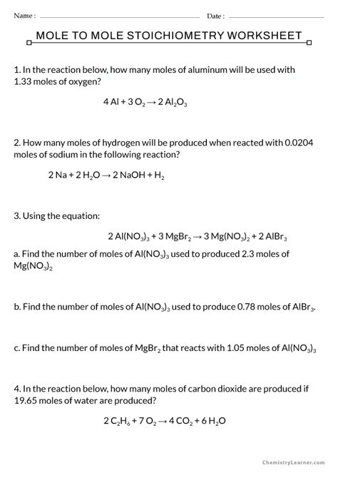 Free Printable Mole To Mole Stoichiometry Worksheets Worksheets Library