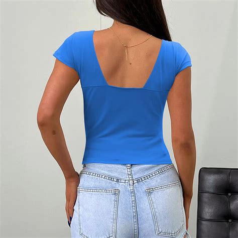 Frauen Kurzarm T Shirt Crop Sommer Tiefem V Ausschnitt Slim Fit Sexy