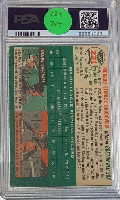 1954 Topps Baseball 221 Dick Brodowski Boston Red Sox PSA 6 Nicely