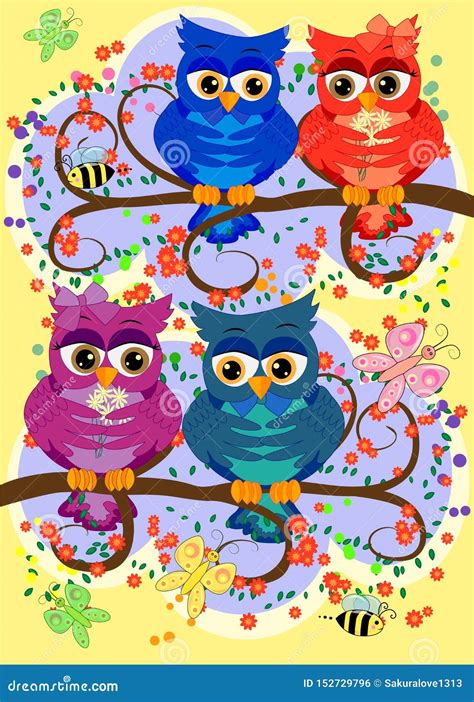 Three Cute Colorful Cartoon Owls Sitting On Tree Branch With Flowers