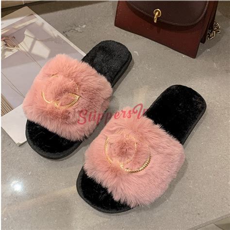 Womens Fluffy Slides With Letters Embroidered Fuzzy Slide Slippers