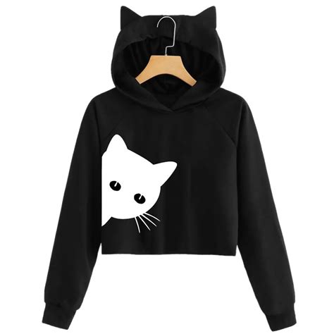 Hoodies Women Cropped Hoodie Cat Print Long Sleeve Hoodie Sweatshirt