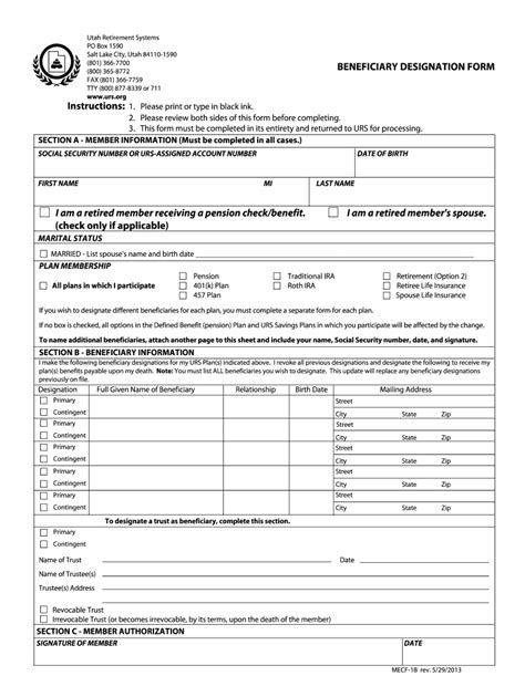 Printable Beneficiary Form Template