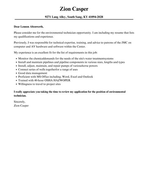 Environmental Technician Cover Letter Velvet Jobs