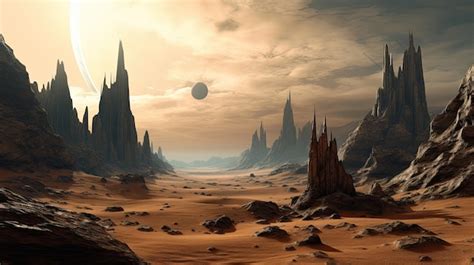 Premium AI Image | A desert landscape with a planet in the background ...