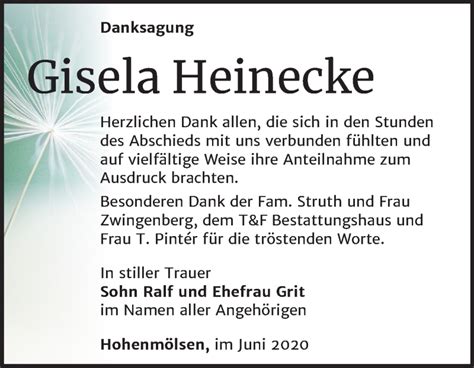 Traueranzeigen Von Gisela Heinecke Abschied Nehmen De