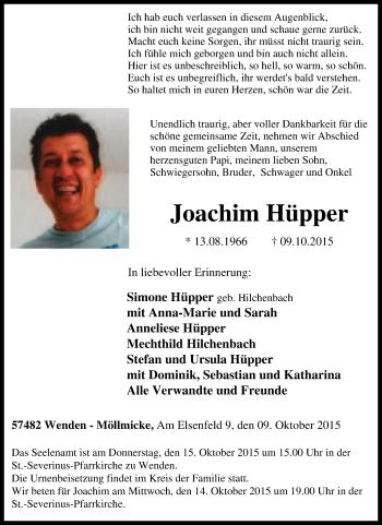 Traueranzeigen von Joachim Hüpper Trauer in NRW de