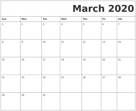 March 2020 Free Printable Calendar