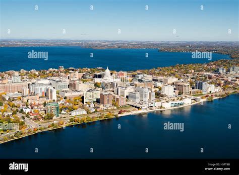 An aerial view of Madison, Wisconsin, the State Capitol, and the ...