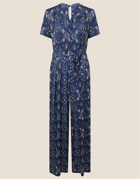 Printed Wide Leg Jersey Jumpsuit Blue