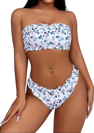 Amazon Wdirara Women S Floral Print Strapless Frill Trim Bikini Set Bandeau Swimsuit Two