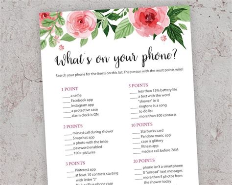 Whats On Your Phone Bridal Shower Game Inkdotpot Floral Whats On Your