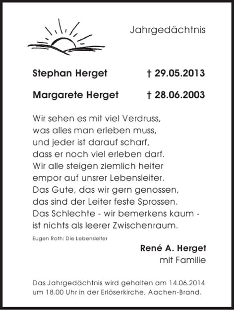 Traueranzeigen von Jahrgedächtnis Stephan Herget Margarete Herget