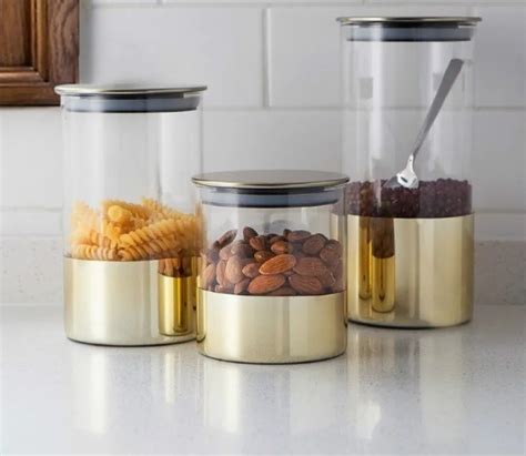 Decorative Gold Wide Mouth Glass Canisters With Metal Lids Kitchen ...