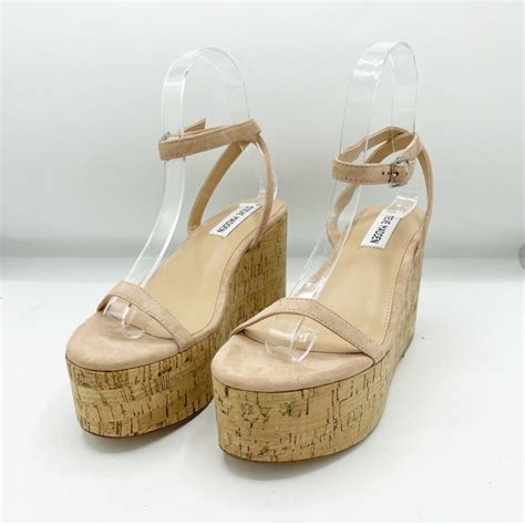 Steve Madden Nude Ankle Strap Platform Cork Wedge Gem