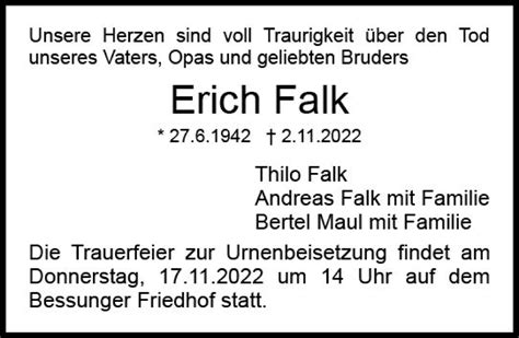 Traueranzeigen Von Erich Falk Vrm Trauer De