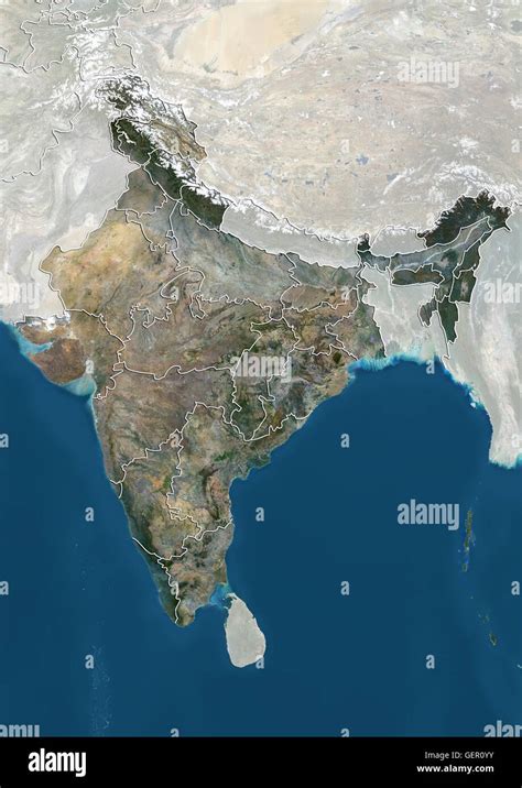 Satellite view of India with administrative boundaries and mask, including boundaries of Jammu ...