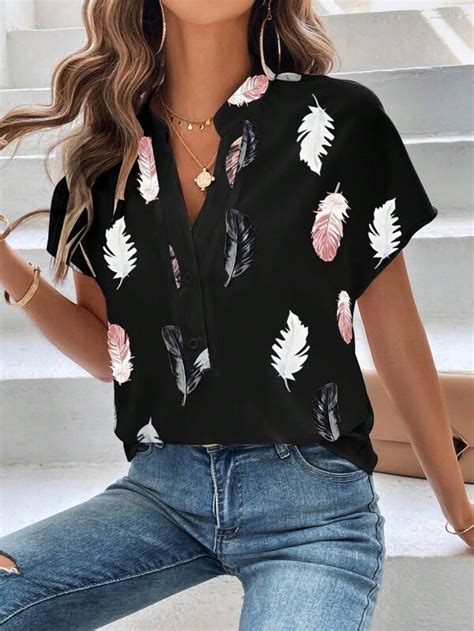 Shein Lune Blouse Imprim Plume Manches Chauve Souris Mode En Ligne