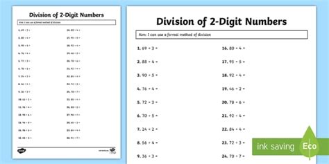 Division Of 2 Digit Numbers Worksheet Worksheet Twinkl