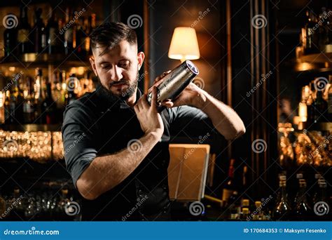 Bartender Holding A Steel Shaker With A Cocktail Ready To Shake It In The Bar Stock Image