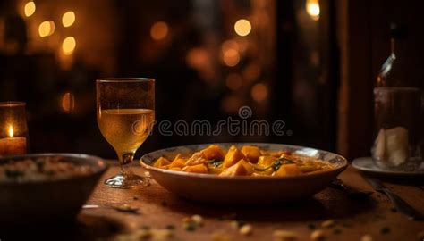 Gourmet Meal On Rustic Table Wineglass And Candle Illuminate