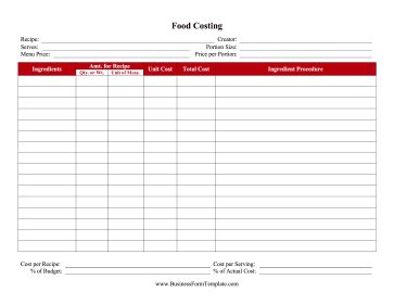 Recipe Food Costing Worksheet Template