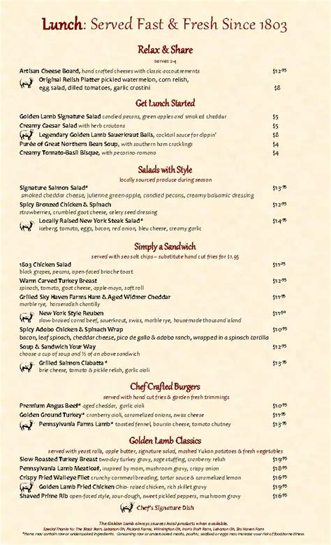 Menu At The Golden Lamb Restaurant Lebanon