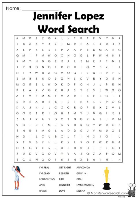 Jennifer Lopez Word Search Monster Word Search