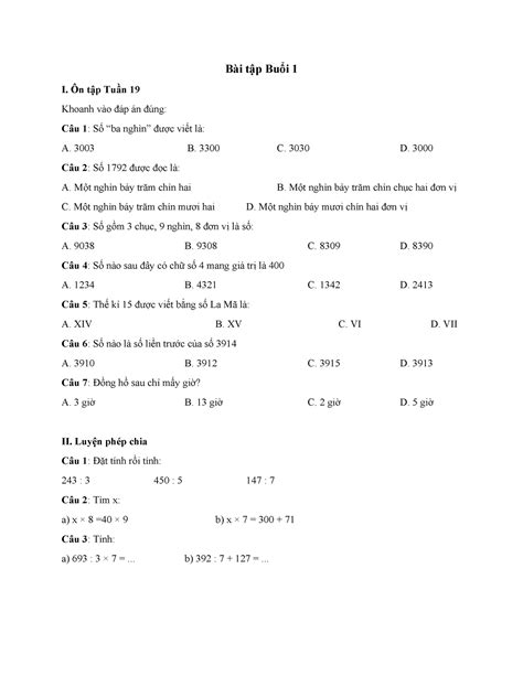 Homework Mathematics Day 1 Bài Tập Buổi 1 I Ôn Tập Tuần 19 Khoanh Vào đáp án đúng Câu 1 Số