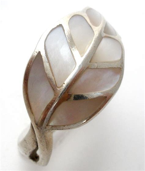 Mother Of Pearl Leaf Ring Sterling Silver Pink White Inlay Shell Size