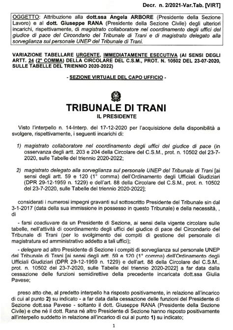 Tribunale Di Trani Variazione Tabellare Decreto Del Presidente Del