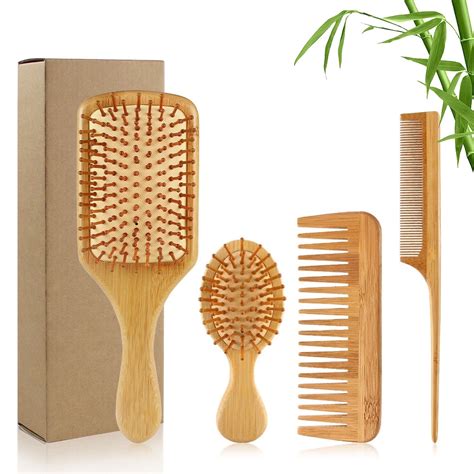 Ruseen Bamboo Hair Brush Comb Set Natural Wooden Hairbrush Paddle Detangling For Thick Thin