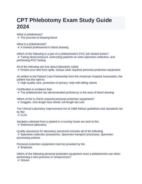 Cpt Phlebotomy Exam Study Guide 2024 Exams Medicine Docsity