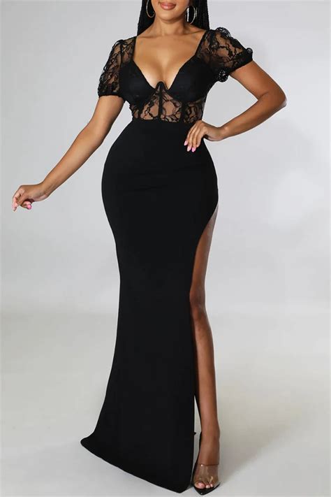 Sexy Solid Split Joint See Through Backless Slit V Neck Evening Dress