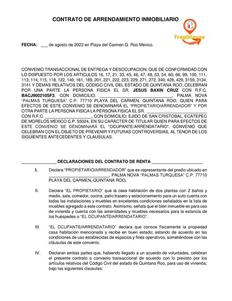 Machote De Contrato Renta Largo Plazo Contrato De Arrendamiento Inmobiliario Fecha De