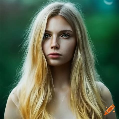 A Beautiful Young Woman Shoulder Length Blonde Hair Very Light Freckles