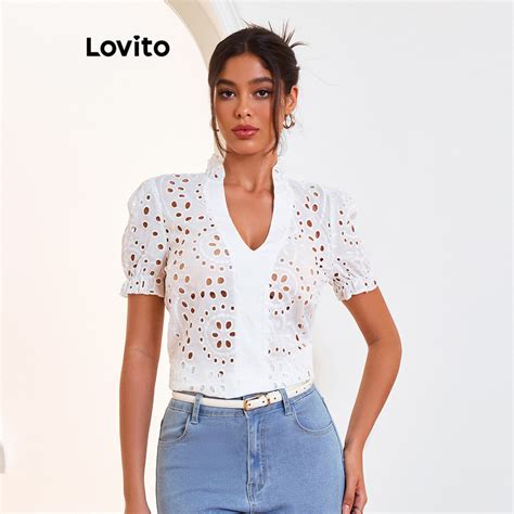 Lovito Blusa elegante bordado de ilhós e corte simples para