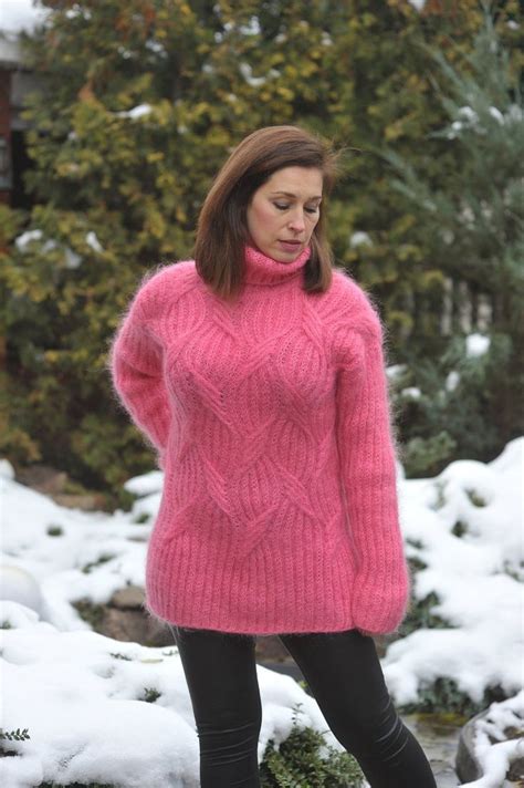 Mohair Damenpullover Pink Rollkragen Handgestrickt Pullover Etsy De