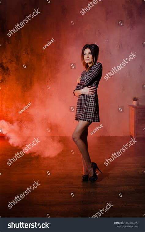 Sexy Slender Brunette Posing Cloud Orange Stock Photo Shutterstock