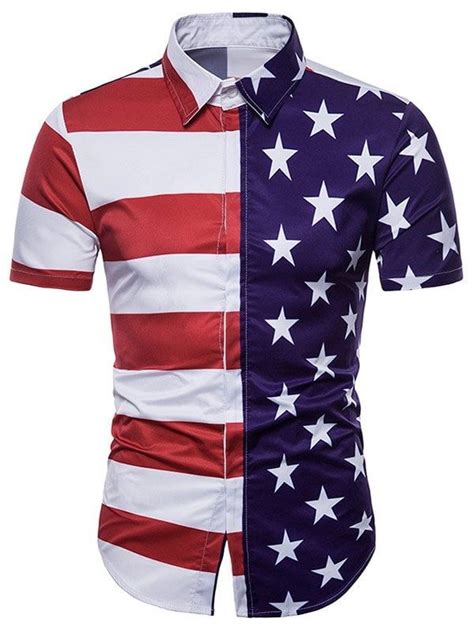 Hidden Button American Flag Print Short Sleeve Shirt Mens Printed