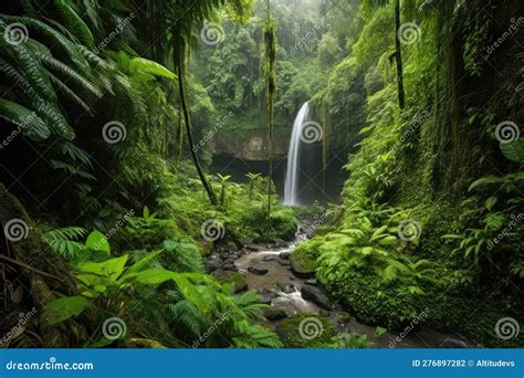 Majestic Waterfall Cascading Into Lush Jungle Valley Stock Illustration