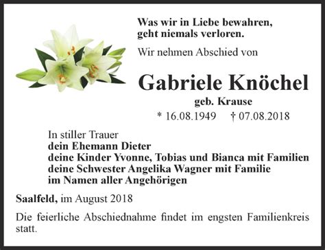 Traueranzeigen Von Gabriele Kn Chel Trauer In Thueringen De